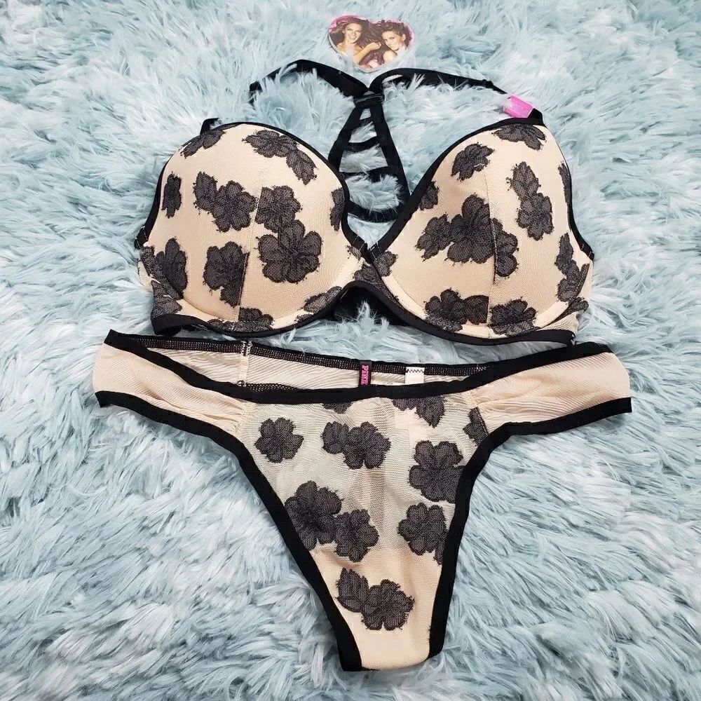 VS Pink Nude Floral Push Up Bra & Thong 32 DD / L